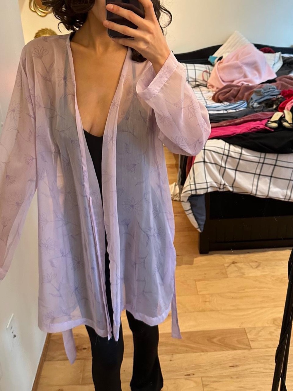 Sheer Lavender Floral Kimono Robe – Women's Lightweight Lounge Cover-Up
